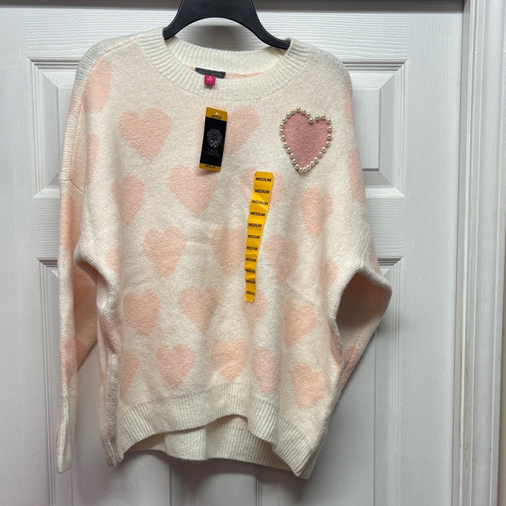 Vince Camuto Heart Patterned Sweater-Cream & blush pink pearl embellishment NewM